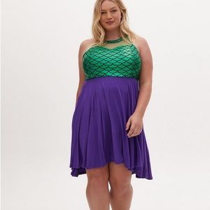 TORRID DISNEY THE LITTLE MERMAID GREEN & PURPLE HI-LO SKATER DRESS